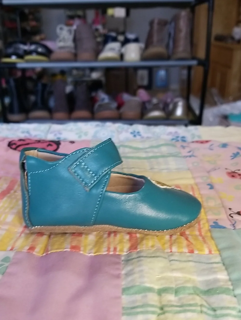 Livie & Luca Teal Leather Mary Janes with Gold Glitter Bird 0-6 Month Pio Pio